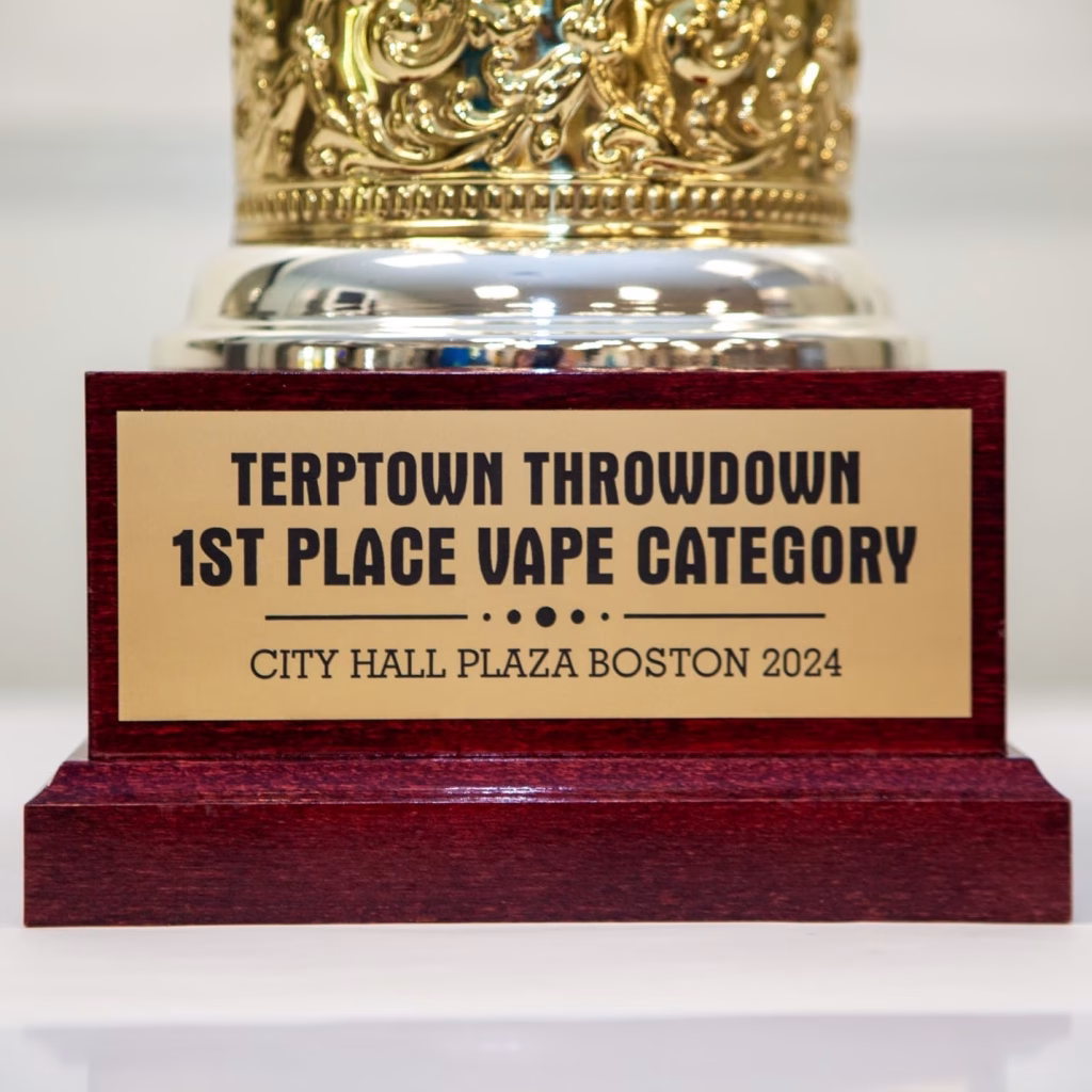Trophy plaque reading Terptown Throwdown 1st Place Vape Category, City Hall Plaza Boston 2024 mounted on a wooden base with a gold crown detail on top