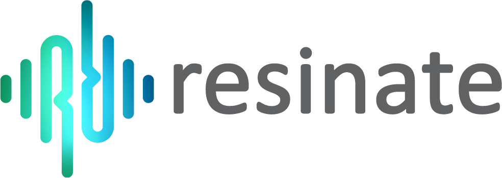 Resinate logo with a gradient blue and green waveform design next to the brand name in gray text