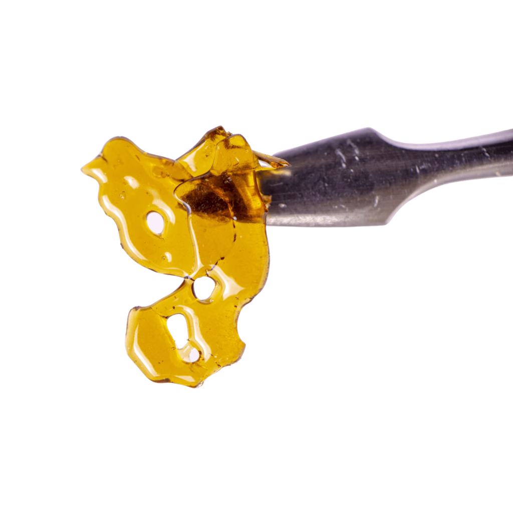 Golden amber live resin concentrate on a metal dab tool, showcasing its glossy and translucent texture.