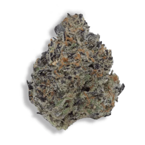 A close-up of a dense, multicolored cannabis bud with visible orange hairs and frosty trichomes.