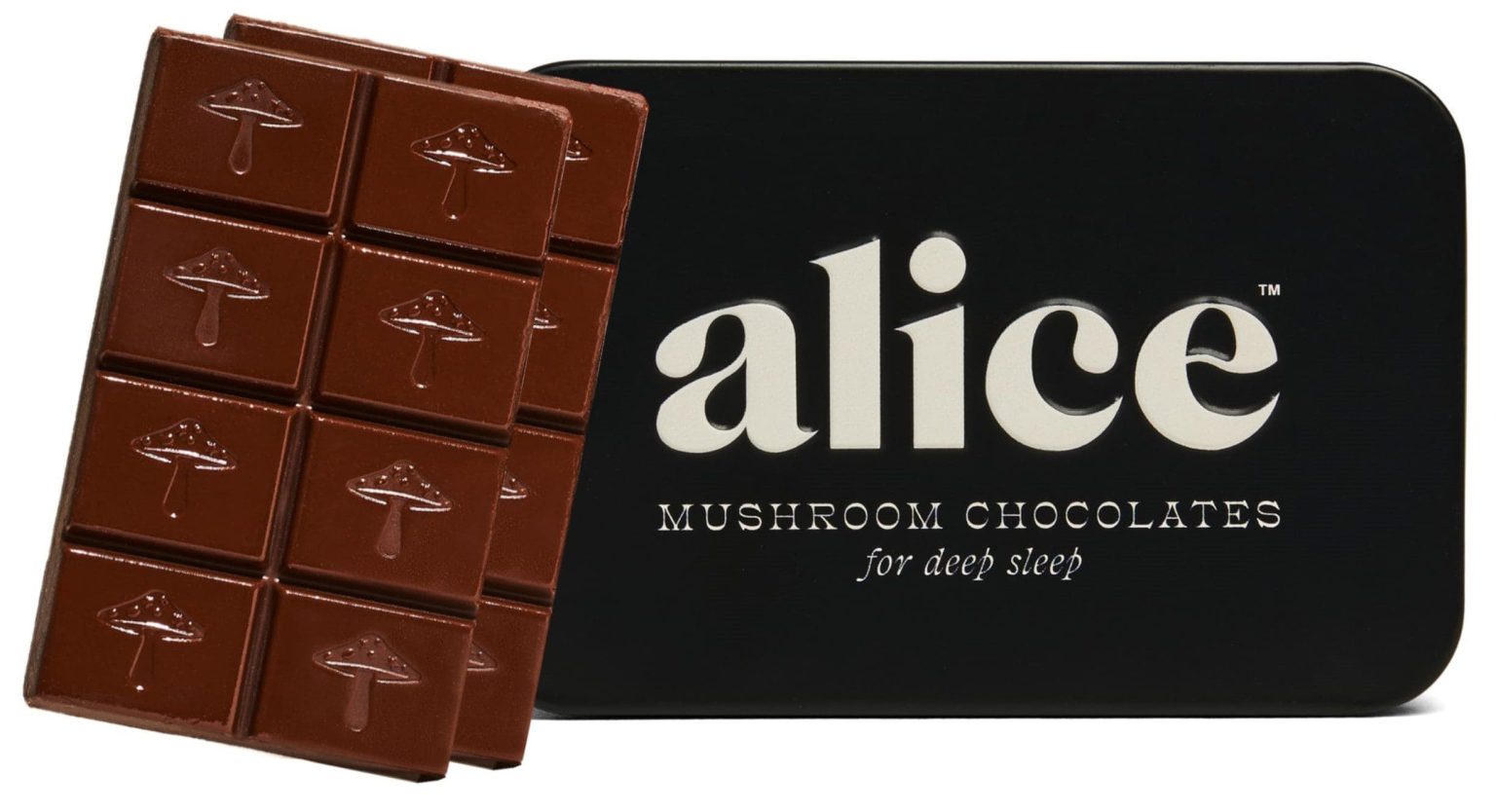 Alice mushroom chocolate bar and black tin labeled "for deep sleep," with each chocolate square embossed with a mushroom icon