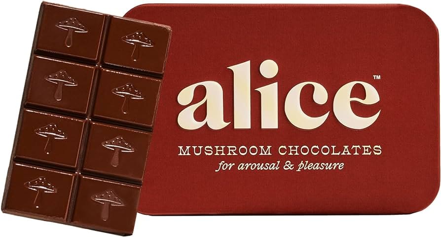 Alice mushroom chocolate bar and red tin labeled "for arousal & pleasure," featuring embossed mushroom designs on each chocolate square