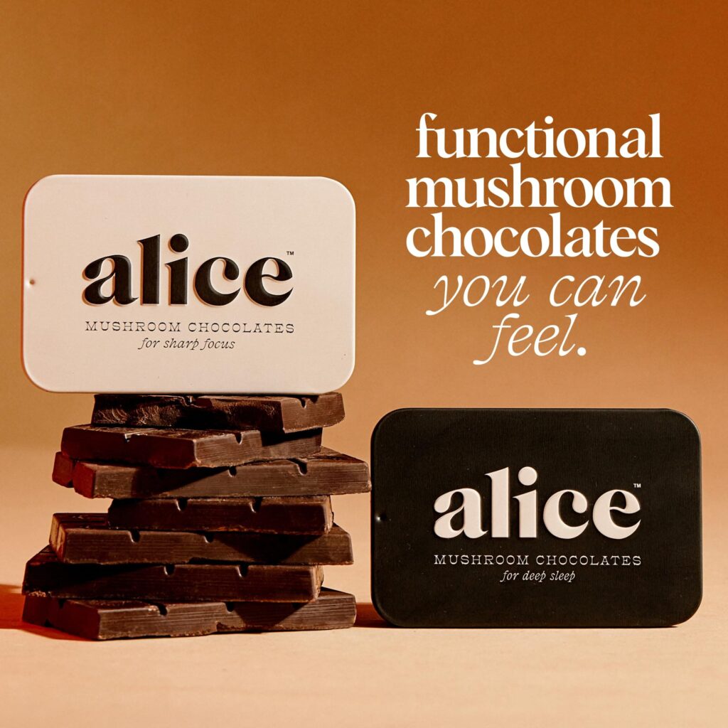 Alice mushroom chocolates for focus and sleep, stacked with text reading 'functional mushroom chocolates you can feel.'