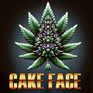 Stylized cannabis bud illustration with vibrant green and purple hues above the bold text "Cake Face" on a dark background
