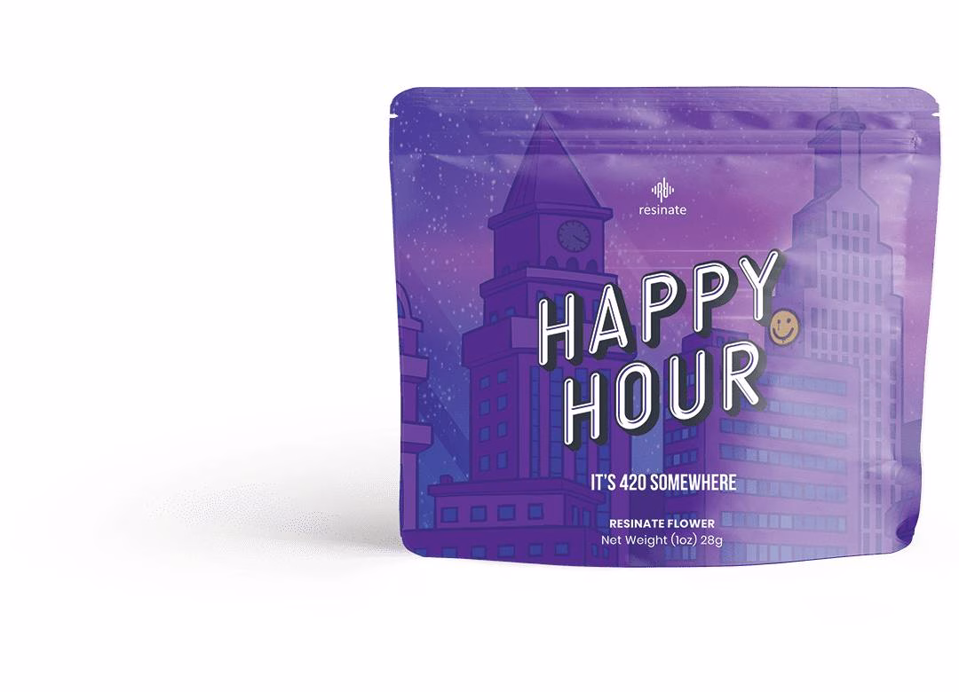 Resinate Happy Hour flower pouch in purple packaging with illustrated cityscape and the phrase It's 4:20 Somewhere printed on the front