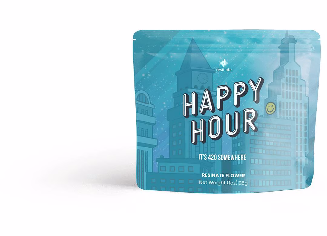 Resinate 'Happy Hour' cannabis flower packaging featuring a cityscape design and the phrase It's 420 Somewhere on a blue resealable pouch