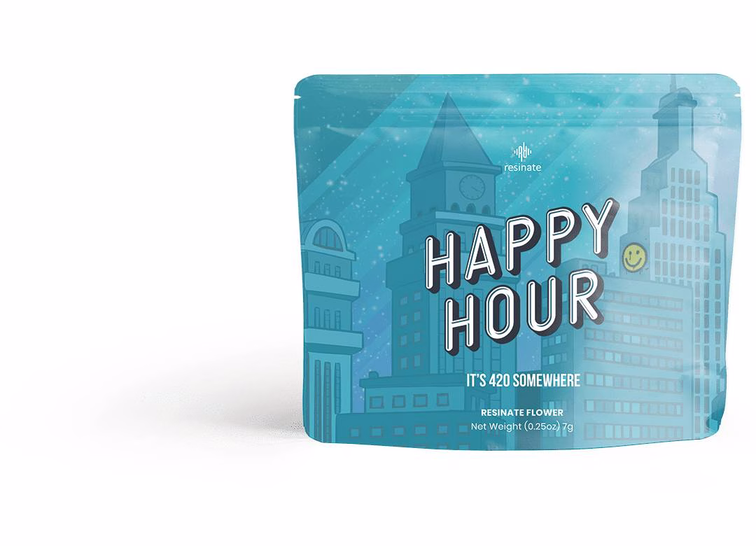 Blue resealable pouch labeled 'Happy Hour' by Resinate, featuring a cityscape design and the phrase It's 420 Somewhere, with a net weight of 0.25oz (7g).