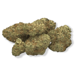 Close-up of dense cannabis flower buds with a frosty, trichome-coated appearance