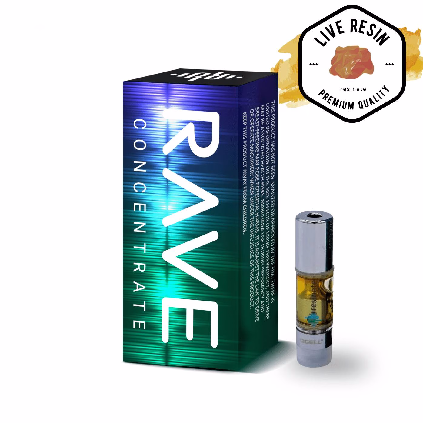 RAVE Concentrate live resin vape cartridge with premium quality seal, featuring sleek gradient packaging and a full gram cartridge