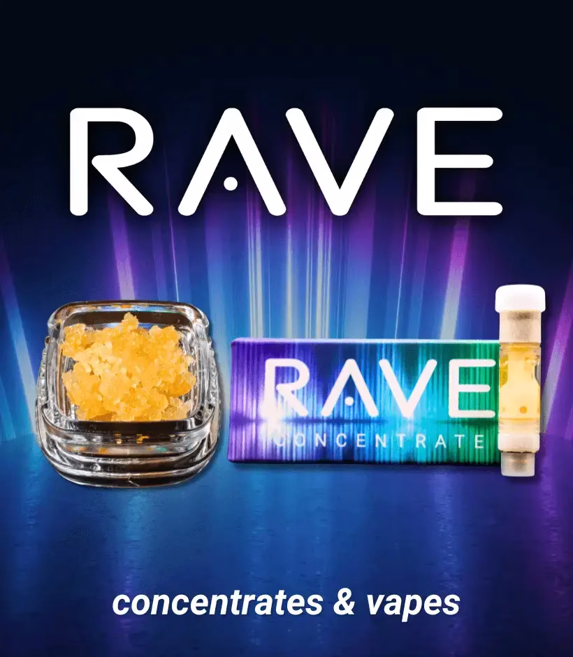 RAVE branded cannabis concentrate and vape cartridge displayed against a vibrant, colorful backdrop with text reading concentrates & vapes
