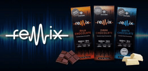 Remix chocolate collection featuring milk, dark, and white chocolate bars infused with live resin, each containing 100mg THC total with 5mg per piece, displayed with pieces of chocolate against a vibrant soundwave background