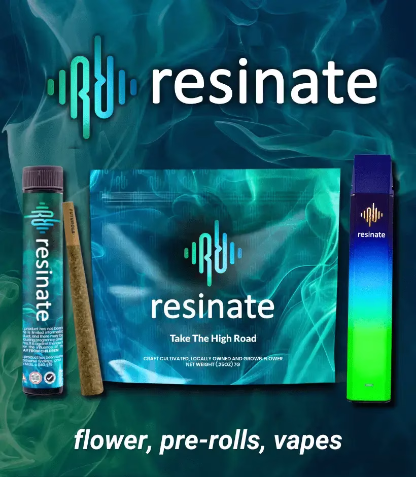 Resinate branded cannabis products including a pre-roll joint in a labeled tube, a package of flower, and a vape pen, all featuring a blue and green color scheme with smoke-like background effects. Text reads 'Take The High Road' and 'flower, pre-rolls, vapes'