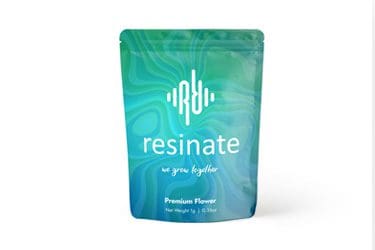 Resinate branded teal and blue pouch labeled "Premium Flower" with the tagline "we grow together" printed on the front