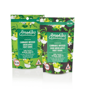 Smokiez Edibles cannabis-infused green apple and sour green apple fruit chews in vibrant green packaging with apple illustrations