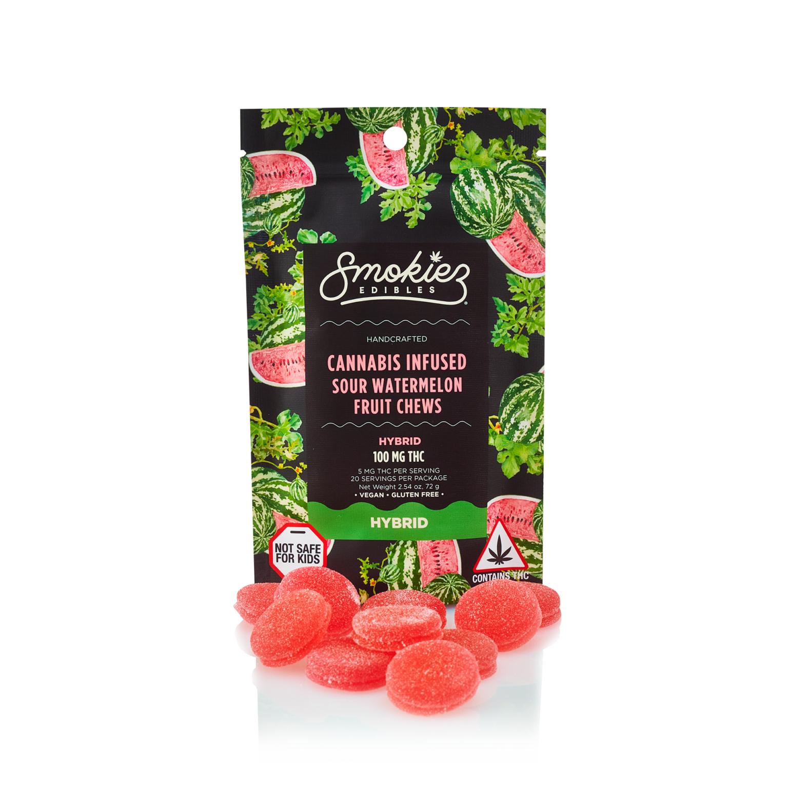 Smokiez Edibles hybrid sour watermelon fruit chews in black packaging with watermelon illustrations and red sugar-coated gummies displayed in front