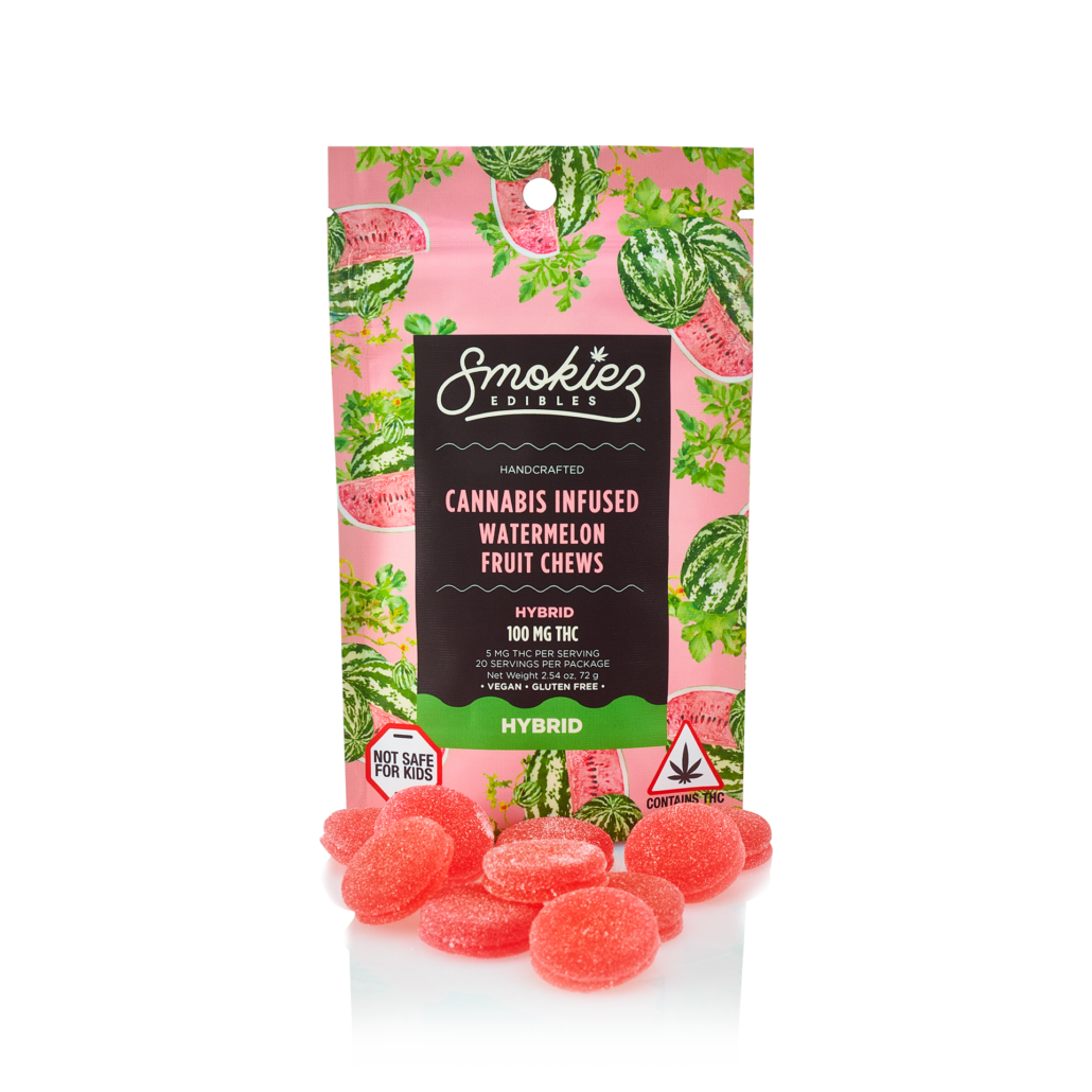 Smokiez Edibles hybrid watermelon fruit chews in a pink, watermelon-themed package with red sugar-coated gummies placed in front