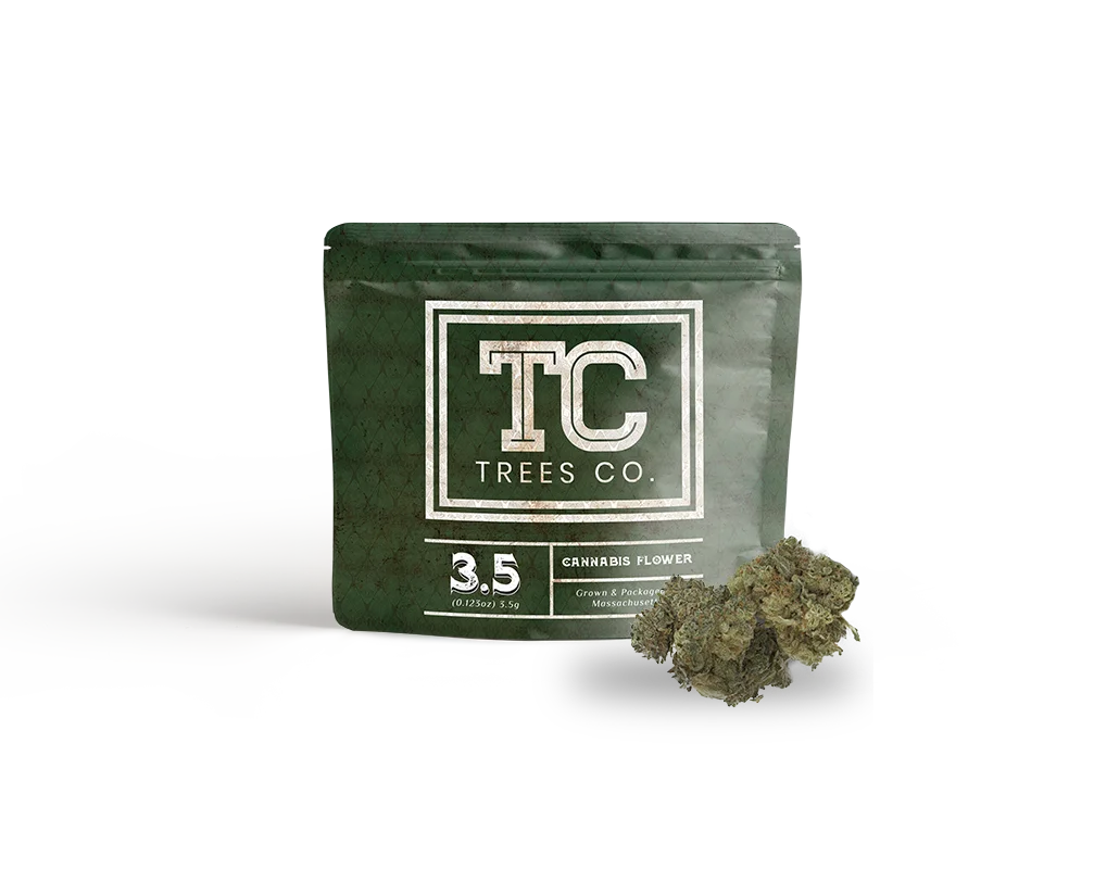 A green resealable pouch labeled 'TC Trees Co.' containing 3.5 grams of cannabis flower, with cannabis buds placed beside the pouch.