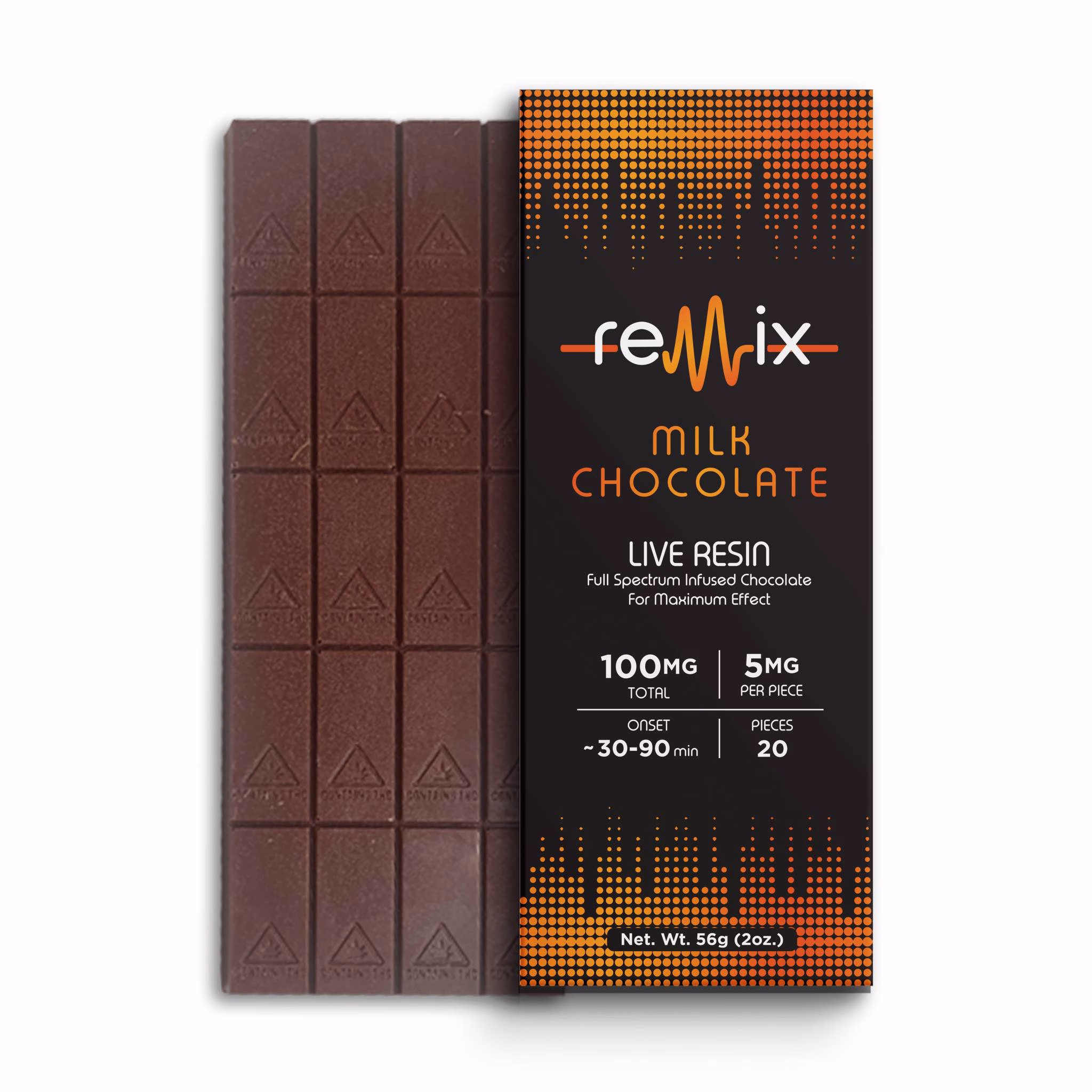 Remix milk chocolate bar infused with live resin, featuring 20 square pieces and labeled with 100mg total THC content and onset time of 30–90 minutes