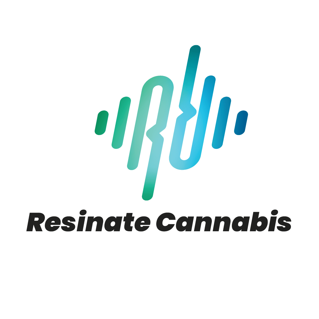 Resinate Cannabis logo featuring a gradient waveform design in teal and blue above the brand name in bold black text