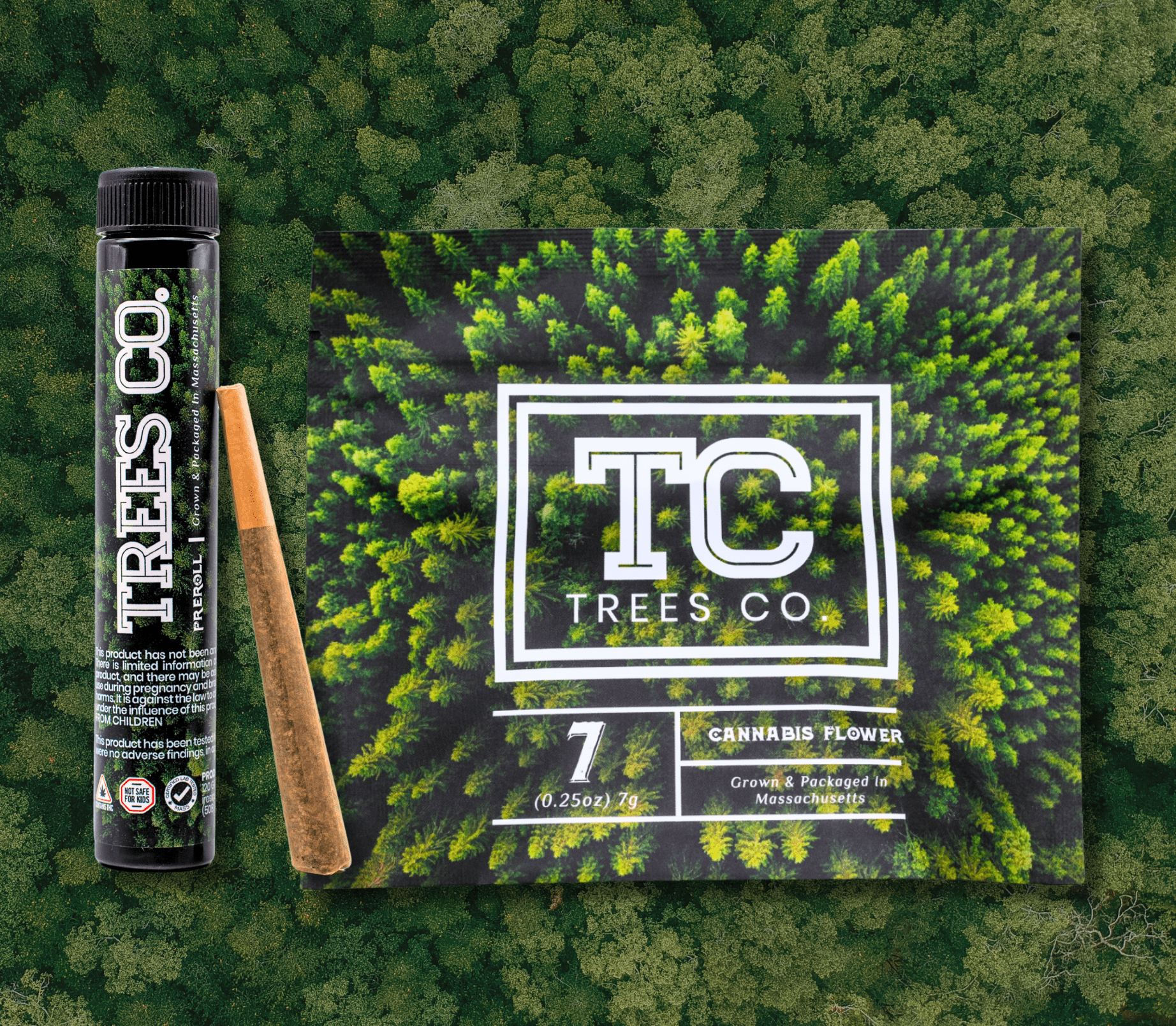 A cannabis flower product package from Trees Co. displaying a green forest background design with a pre-rolled joint and a black cylindrical container labeled 'TREES CO.' The packaging indicates 7 grams (0.25 oz) of cannabis flower, grown and packaged in Massachusetts.