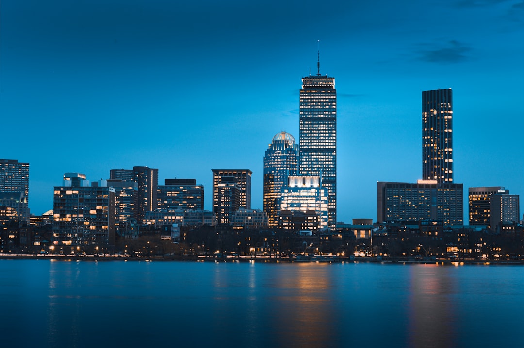 Boston city skyline at night waterfront