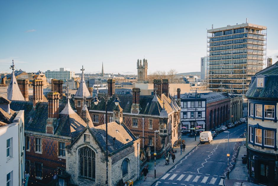 Oxford cityscape with historic and modern buildings