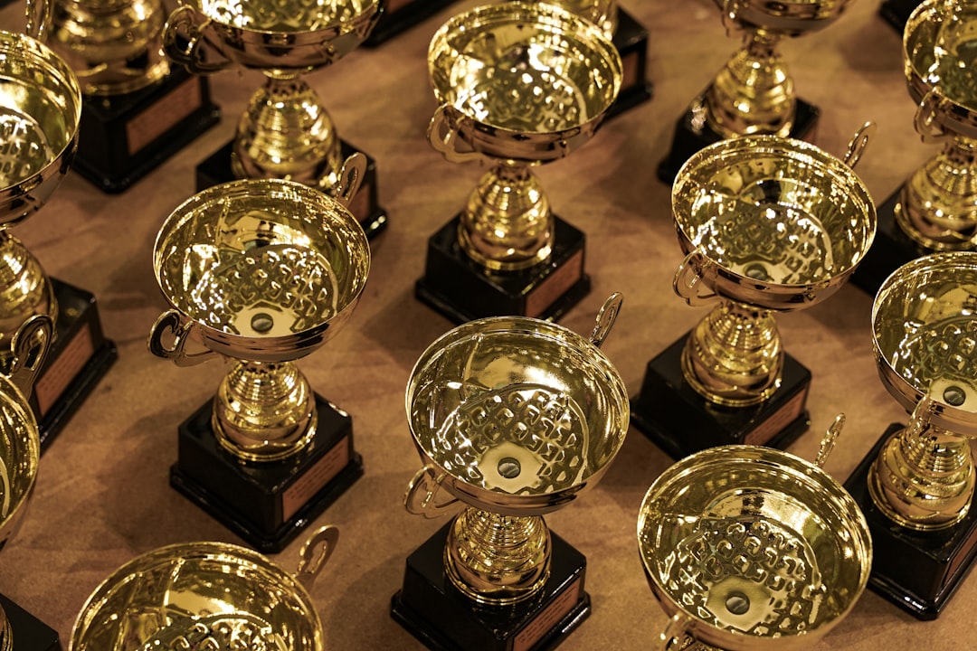 Multiple gold trophies on display for awards